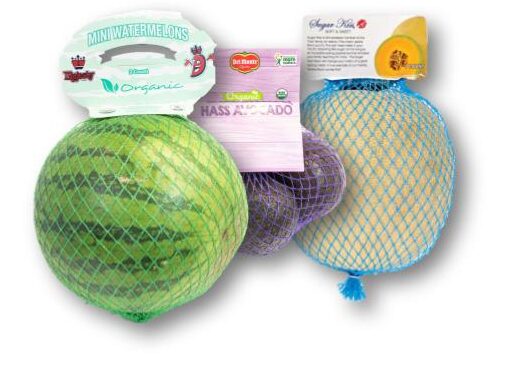 header mesh bags used for manually packing cantaloupe, watermelon, apples, avocados, and oranges.