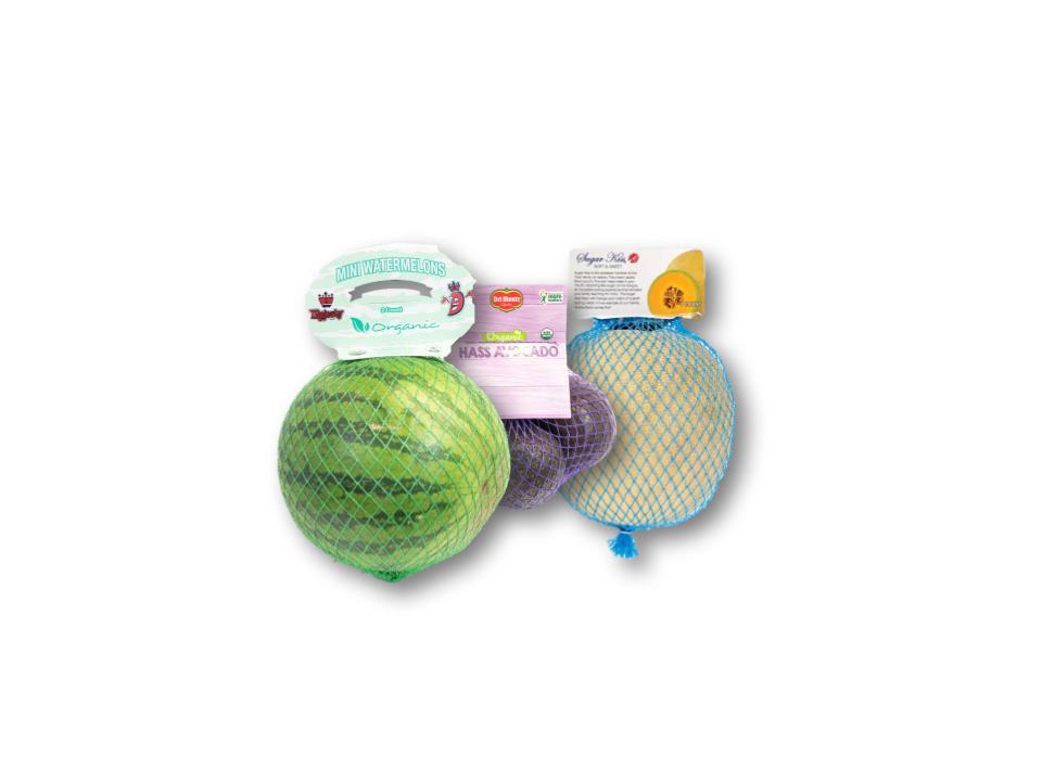 header mesh bags used for manually packing watermelons, cantaloupes, oranges, avocados, and apples with a large label to display your brand and product information