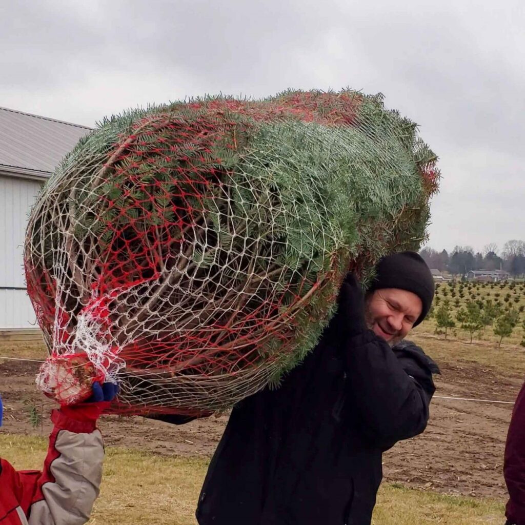 knitted red and white christmas tree netting